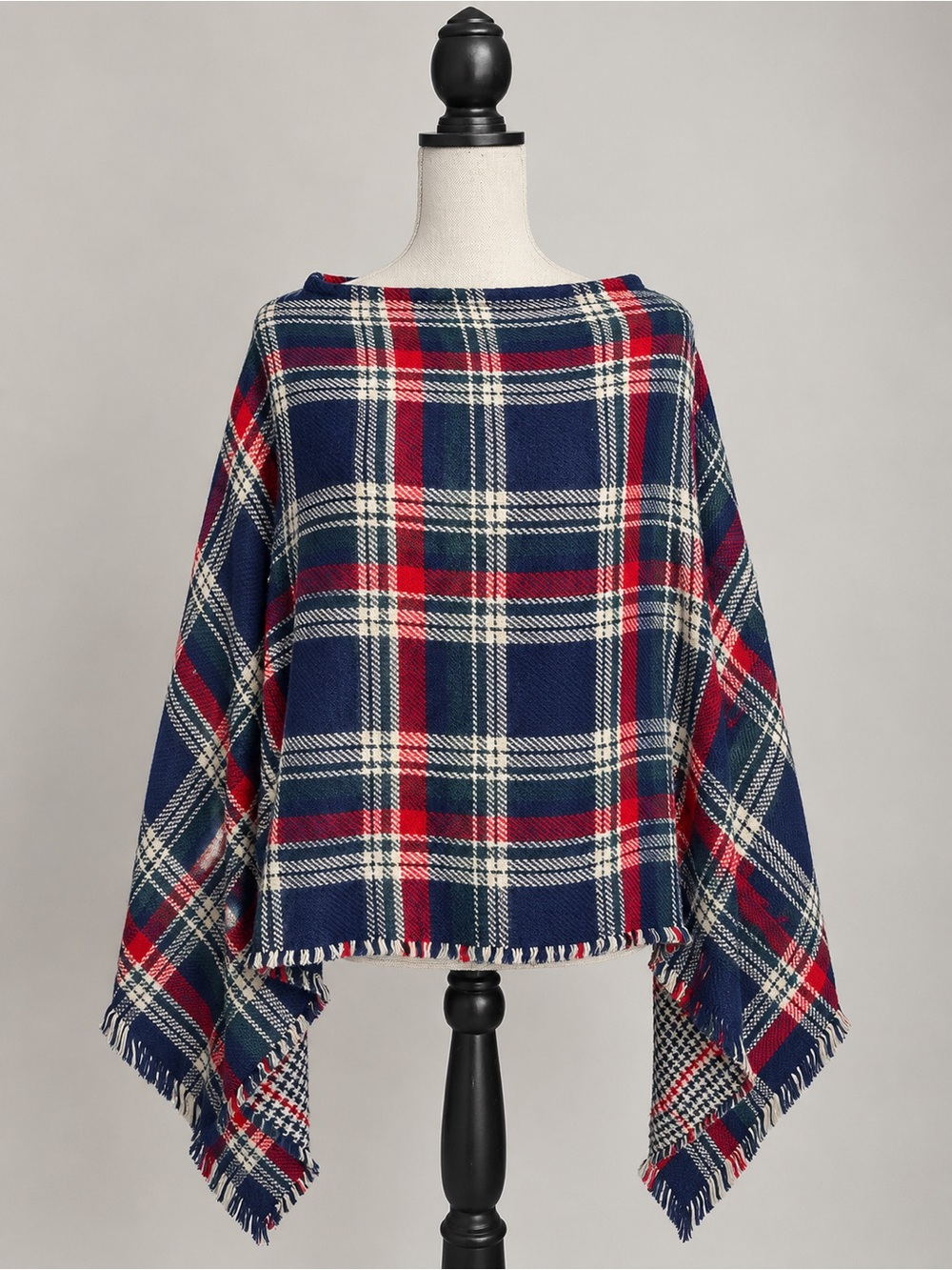 NWT plaid reversible sweater poncho with fringe hem One Size new